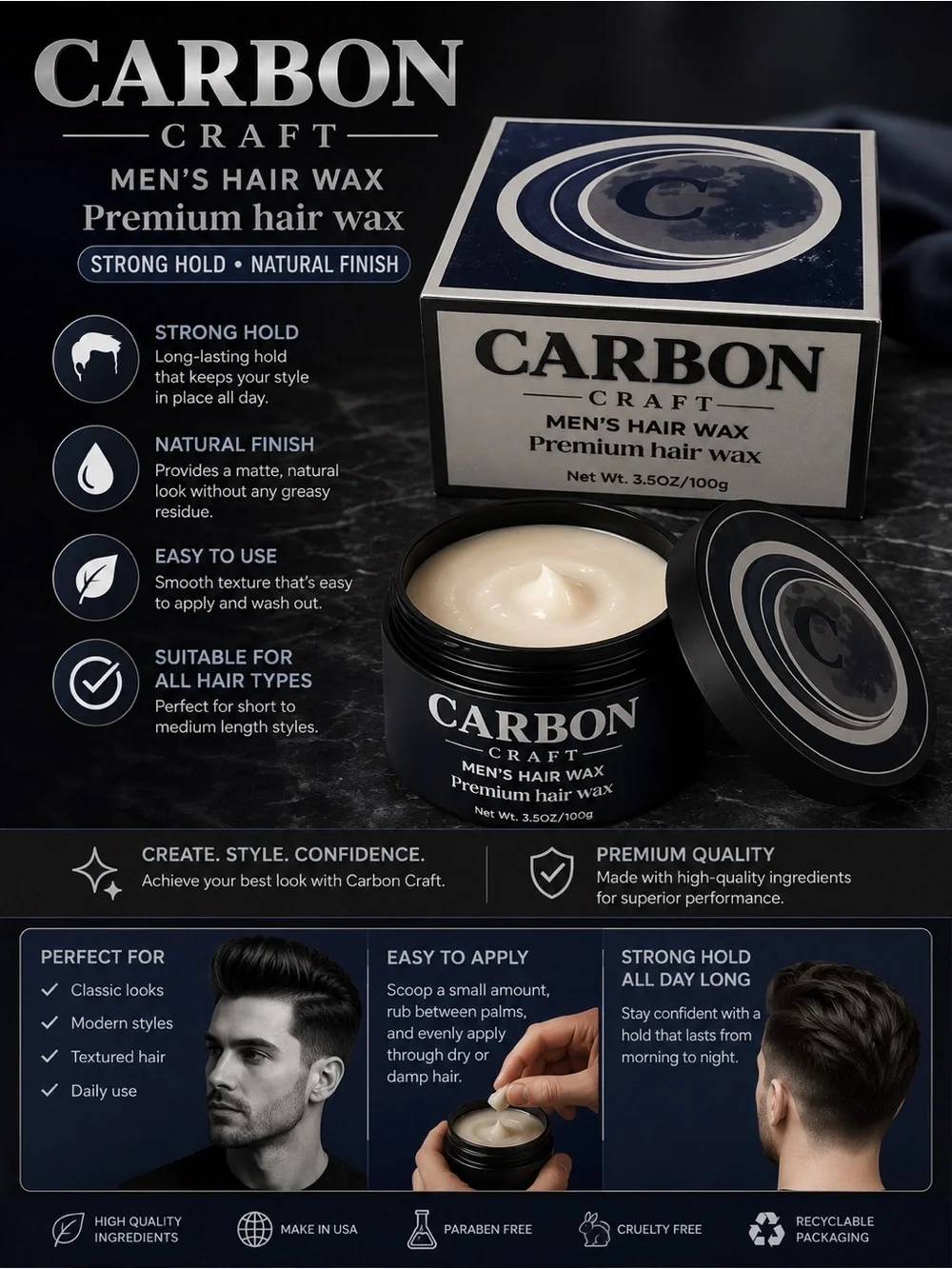CARBON Men’s Hair Wax - Premium Strong Hold